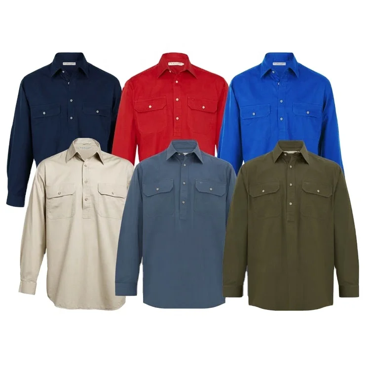 2024 Custom logo Half Button Front Heavy Cotton High Quality Shirt bar Tacks on Pockets Work Casual Shirts for Men