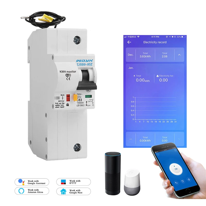220 V The second generation 1P WiFi Smart Circuit Breaker with Energy monitoring and meter function for Amazon Alexa and Google