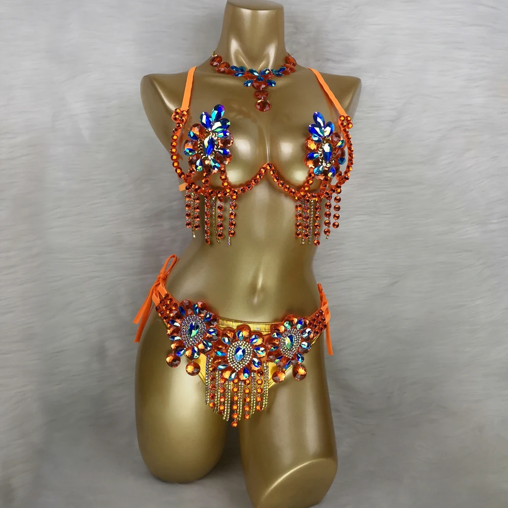 New Arrival Sexy Samba Carnival for Women Wire Bra & Belt Stones Samba Suit Party Rave Dancing Outfit