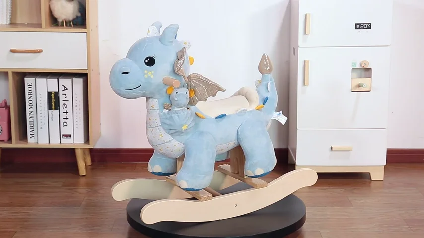 Blue Dragon Doll Animal Baby Ride on Toy Hobby Horse Wooden Rocking Chair  Animal Rocking Horse Plush Toys Rocking Horse Dragon