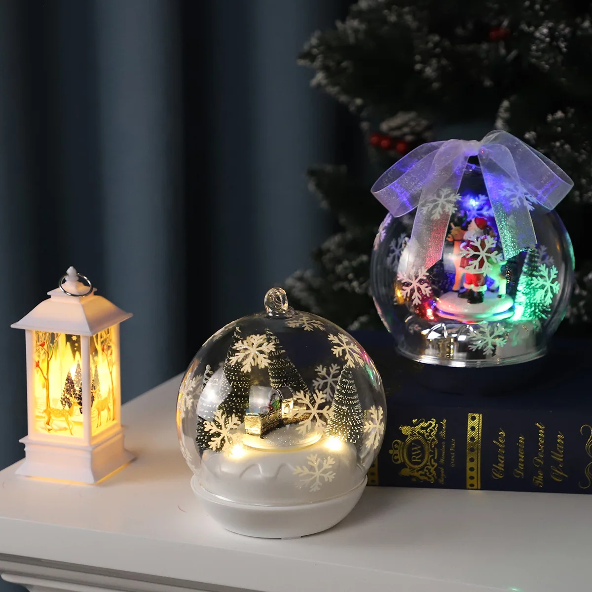 Custom hanging xmas tree decoration merry christmas music balls ball and tree glass ornaments with led light and resin figurine