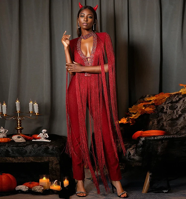 Luxurious Red Fringe Sleeveless Deep V Neck Embellished Shinny