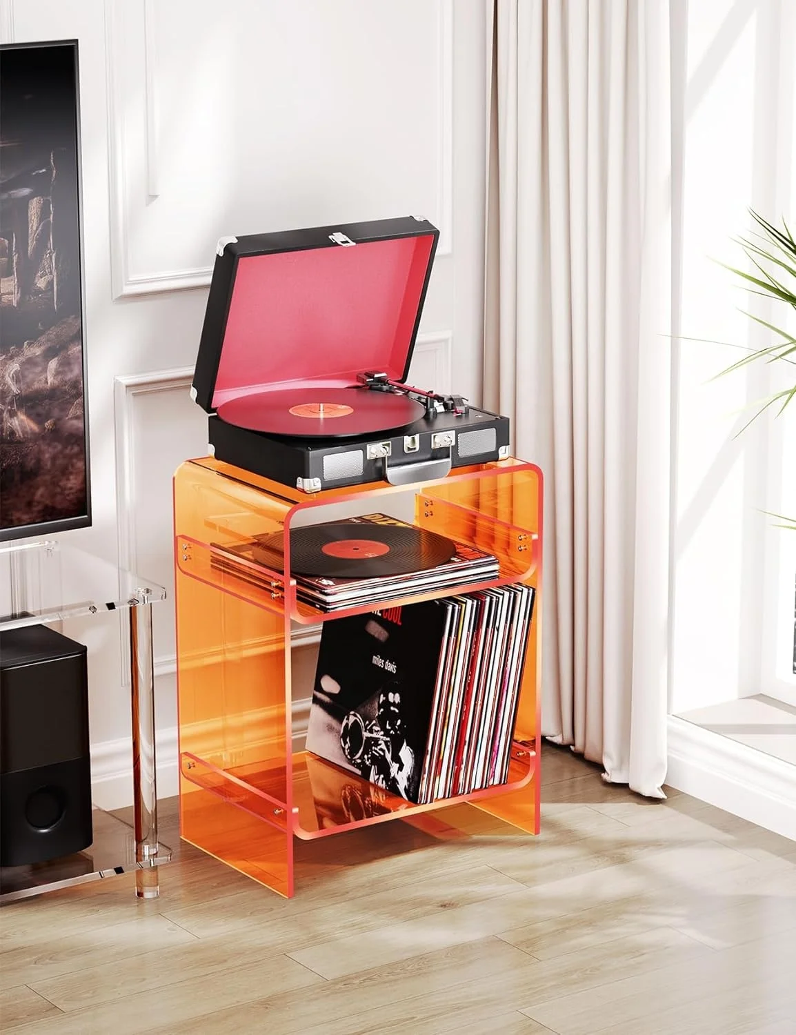 Orange Acrylic End Table With Storage Shelf 17.7x22.8x11.8 Nightstand for Record Players Clear Side Display Rack