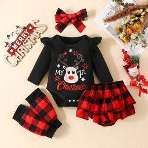 European American Baby Christmas Four-piece Long Sleeve Letter Deer Head Triangle Plaid Shorts Pants Cover Turban