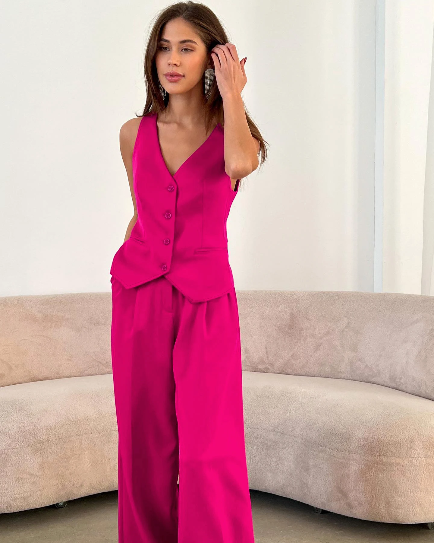 Bclout/qinsi 2023 Sexy Black Wide Leg Pants Suits Womens Outfits Pink V