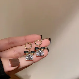 Custom Wholesale Earrings Gold Electroplated Chain with Bow Pendant Rhinestone Square-shaped Earrings  for Women