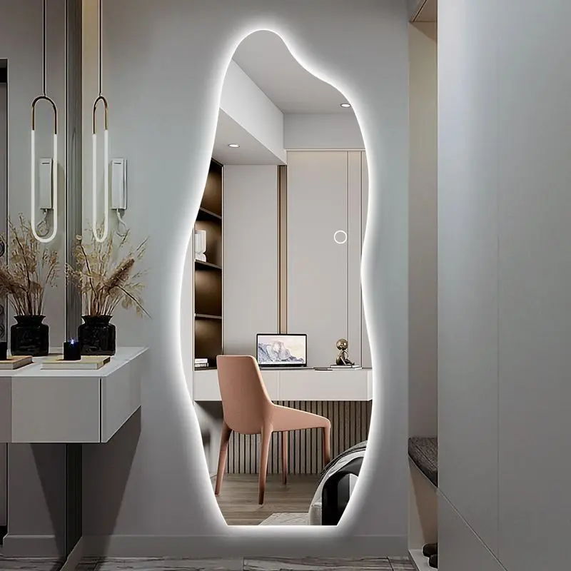 Smart LED Backlit Frameless Glass Irregular Shape Mirror for Interior Bedroom Dressing & Living Room Wall Hanging Decoration