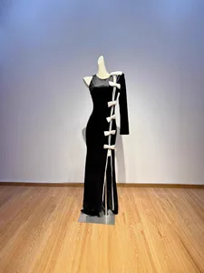 Women Velvet One Shoulder Evening Party Gown High Slit With White Bow Fitted Fishtail Vintage Long Dress