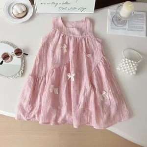 Sweet Korean-Style Princess Dress for Girls O-Neck Sleeveless with Bow Pink Summer Fashion