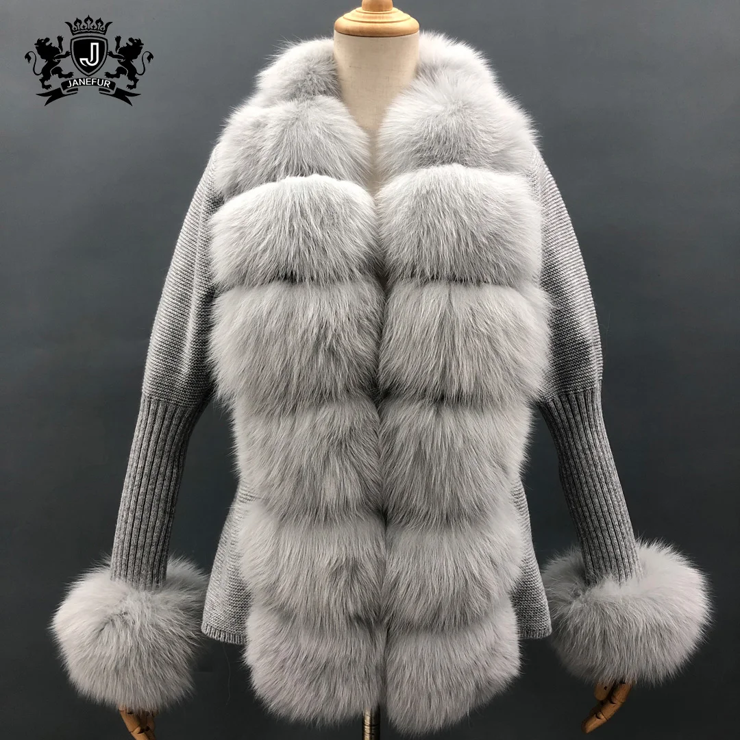 Janefur Knitted Puff Sleeve Fur Sweater Cardigan Fashion Women Real Fox Fur  Coat Ladies Natural Fox Fur Jacket