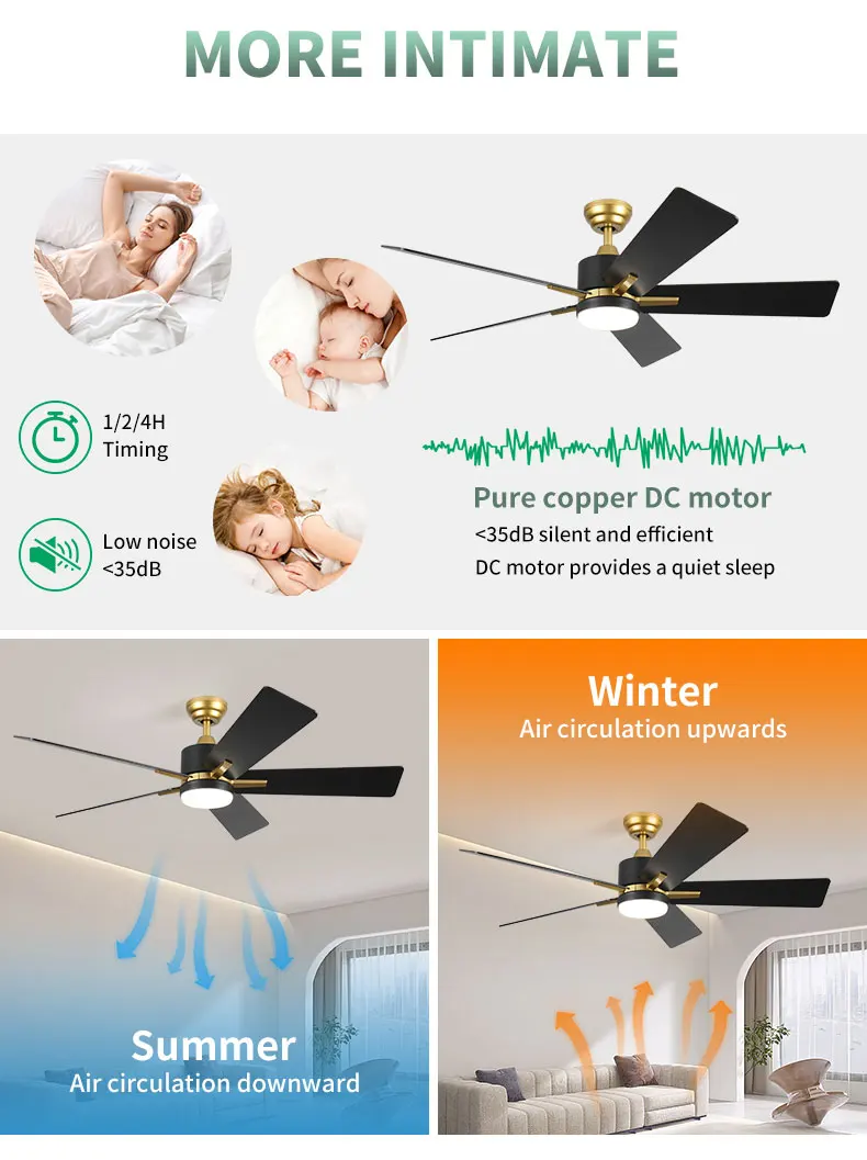 Matte Black and Gold HC553 5/3 Blades 52' Black Ceiling Fans with Lights