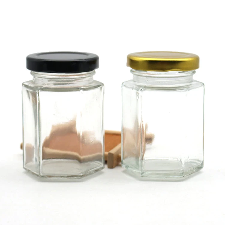 Custom 100ml 120ml Hex Food Jam Sauce Storage Glass Bottles Clear Hexagonal Glass Honey Jar with Tinplate Lid