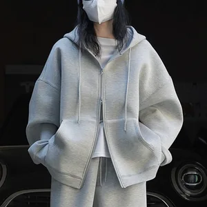 Early Autumn New Korean Gray Casual  Women's Suits Loose Sports Zipper Hoodie Wide Leg Pants Fashion Elegant Two-piece Set