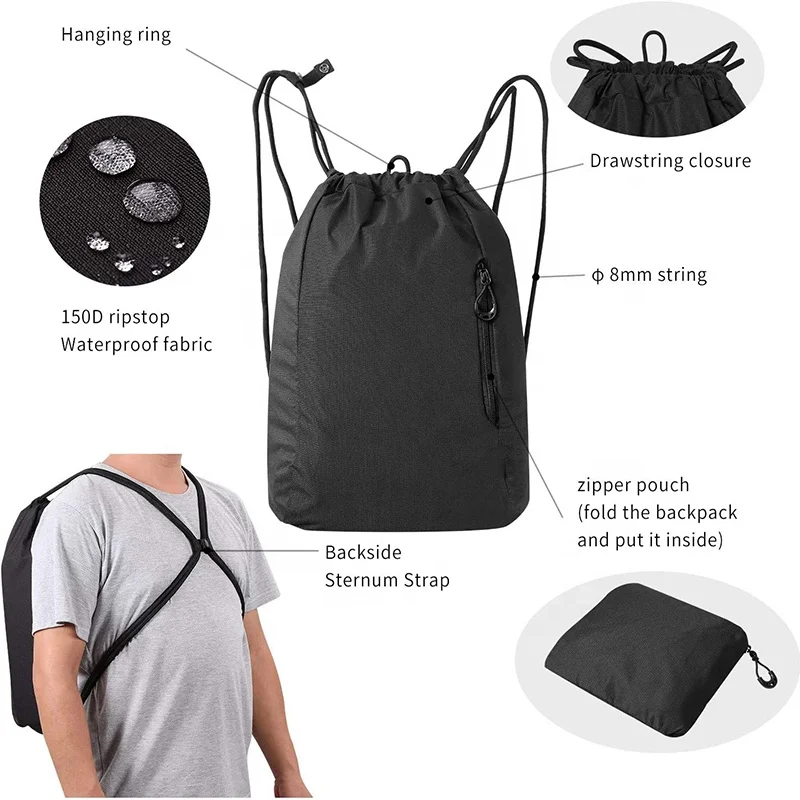 Foldable Sport Sack Pack Gym Cinch Bag Nylon Drawstring Backpack Bag ...