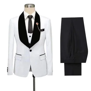 Hot Sale African Nigerian Groom Suit Slim Fit Best Man Blazer 3 Pieces Black White Men Suits
