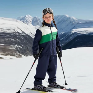 Skin-Friendly 100%Cotton Toddler Boys' Color-Block Full-Zip Jacket & Elastic Waist Pants Two-Piece Set for Winter Skiing Outdoor