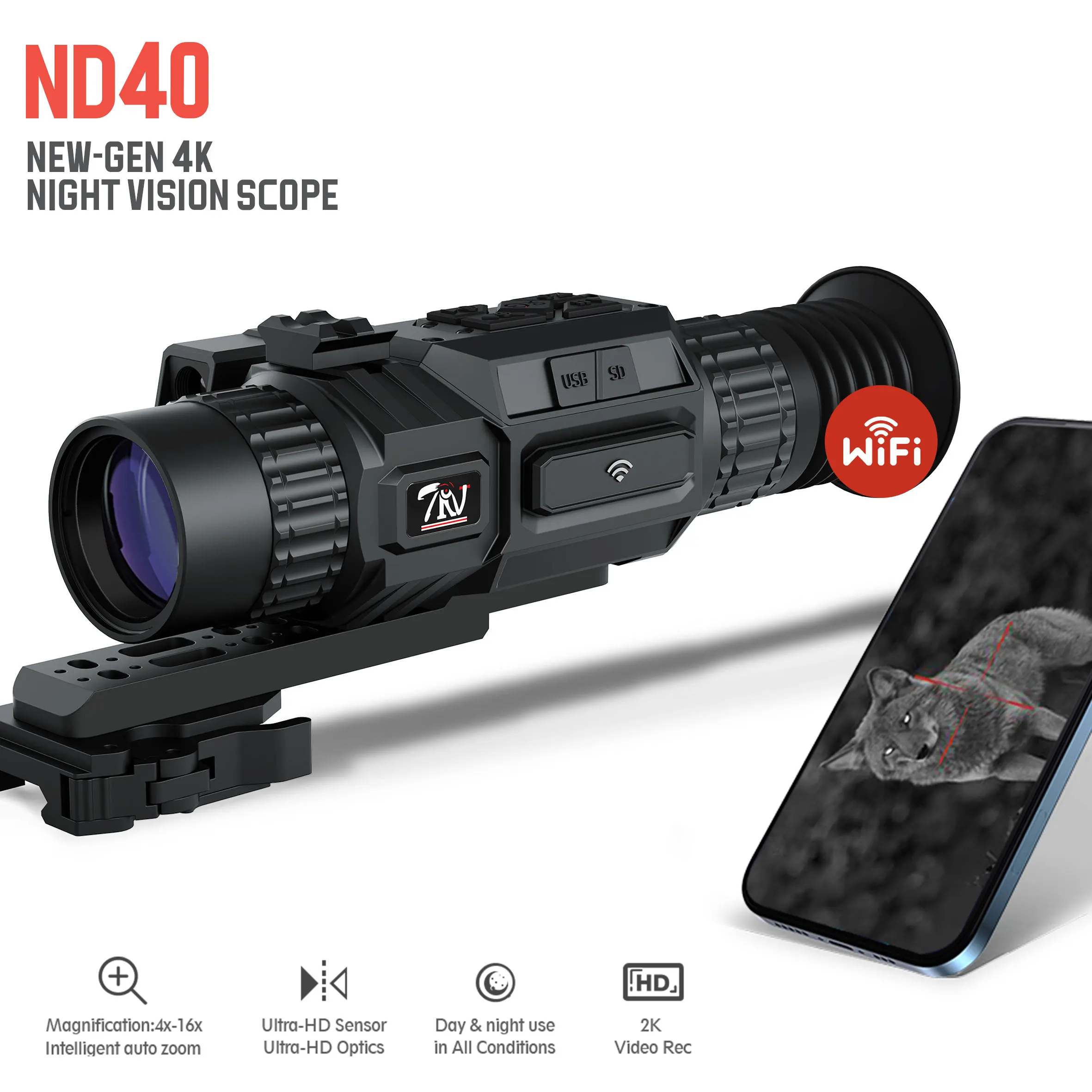 ND40 4Kデジタルナイトビジョンスコープ（狩猟用）4-16倍率、300-600m