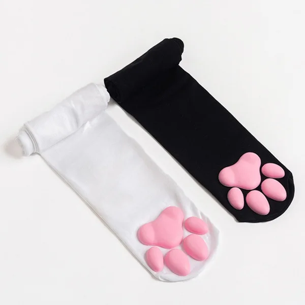 Women's 3D Cat Paw Tights Cute Lolita Thigh High Socks Stocking Anti-Embolism Transparent Nylon Knitted