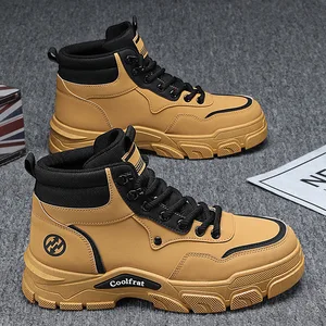 Autumn Men's Trendy All-Match High-Top Short Comfortable Casual Shoes Lace-Up Closure Thick-Soled Tooling Design Ankle Western