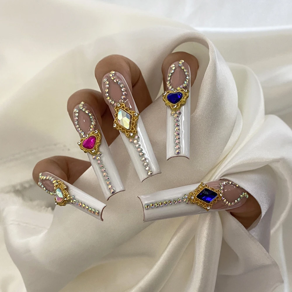 Hand Crafted Thick Acrylic Nails with Sexy Rhinestones Luxurious Custom Designed Wholesale 100% Handmade Extra Long Nails