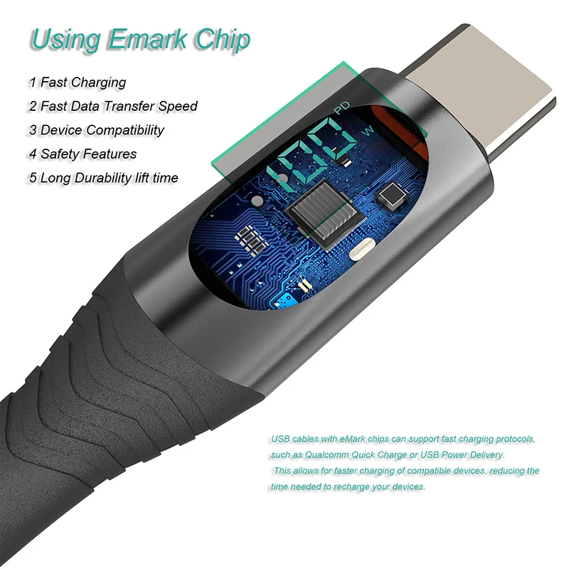 PD 100W 66W Nylon Braided USB-Type C LED Display Charger Data Cable 5A Fast Charging PVC Jacket USB C Phone Fast Charging Cable