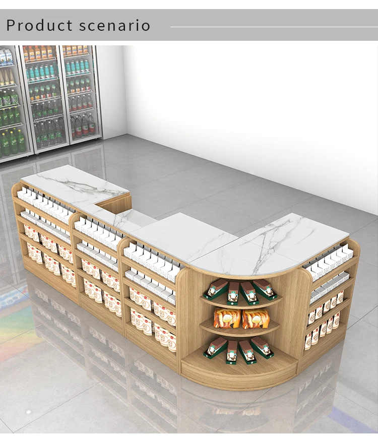 Customized Supermarket Checkout Counter Cash Counter Table Design MDF Cashier Convenient Store Check Out Counter