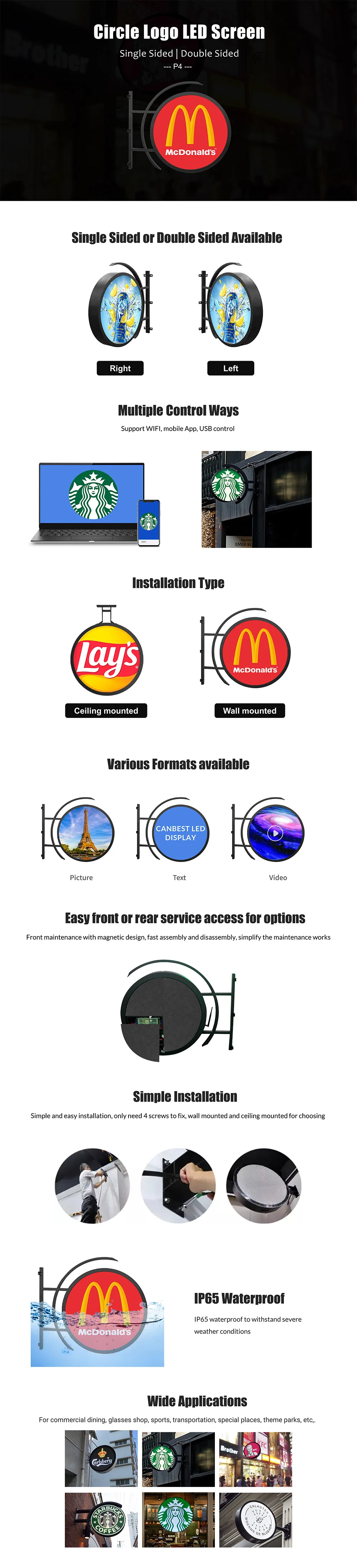 P3 P4 P4.68 Double Sided Waterproof Outdoor Store Round Sign Board Digital Screen Circle Circular Shape Logo Led Display