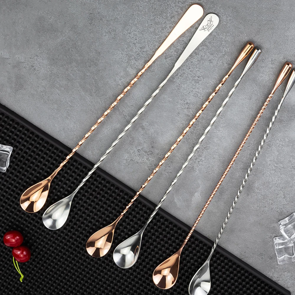 Custom Factory OEM 30 40 50cm Stainless Steel Cocktail Wine Mixing Spoon Long for Ice Cubes Mixer Teardrop Twisted Bar Spoons