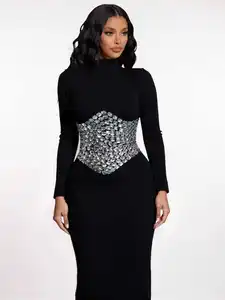 Luxurious Waist-Cinched Diamond Hip-Hugging Black High-Neck Bandage Dress Fashion Party Gown
