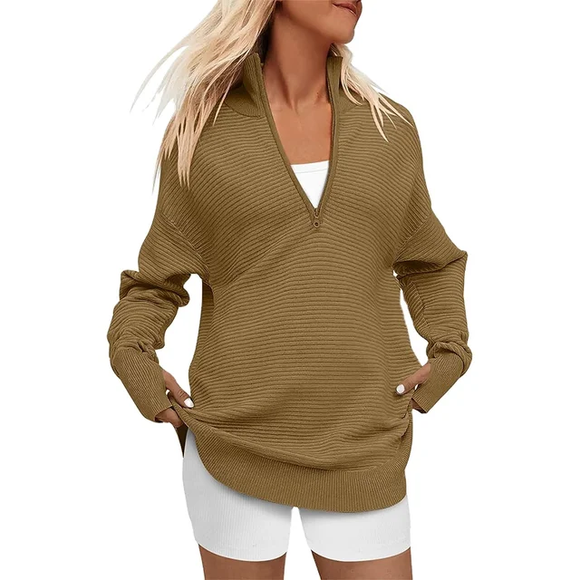 New Women's Long Sleeve Half Zipper V-Neck Casual Rib Knit Pullover Sweater Solid Pattern Polyester Ruched Decoration for Spring