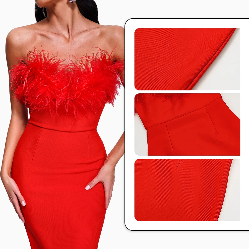 Beishi Strapless Off Shoulder Feather Red Maxi Bdange Cocktail Bodycon Dresses Women Party 