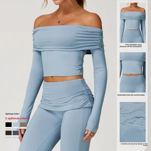 Slim Active Wear Off Shoulder Pleated Neck Gym Sports T-Shirt Long Sleeve Cropped Yoga Tops