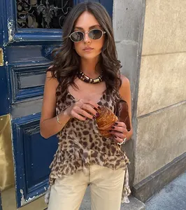 Mesh Printed Ruffles Women's Summer Sexy Fashion Tulle Crop Top Female Elegant Backless Sleeveless Irregular Sling Tank Top