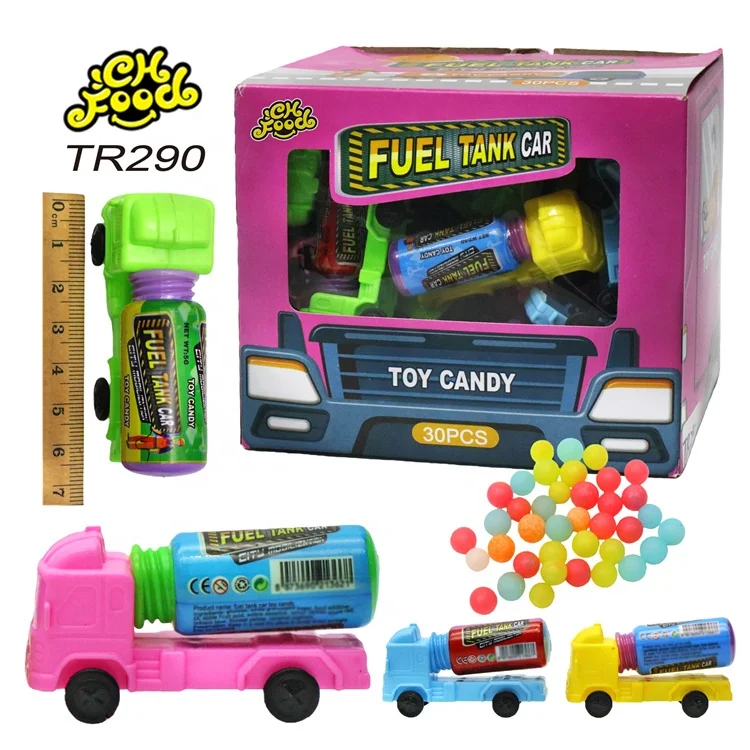 Fuel Tank Car Toy Candy Wholesale and OEM Plastic Car Toy with Fruit Flavor Mini Tablet Candy Ball