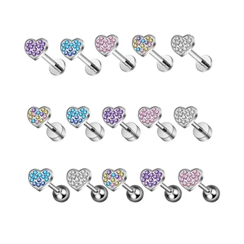 ASTM F136 Titanium Piercing 1.2/1.0 mm Post Ear Studs Heart Shaped Earrings CZ Paved Nose Stud Labret Body Jewelry