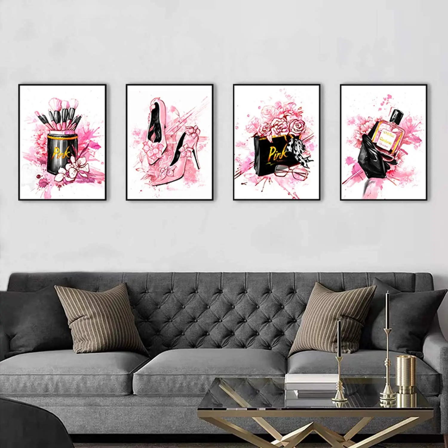  Pink Fashion Canvas Wall Art Perfume Artwork Pink Shoes  Watercolor Painting on bag painting for woman's room art print of watercolor  painting : Handmade Products