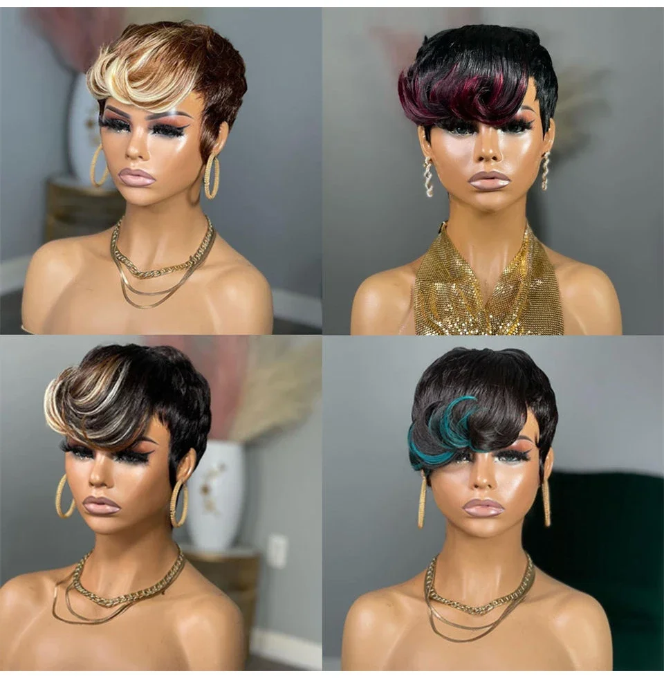 Human Hair Pixie Cut Wig With Highlights Blonde Green Bob Style_voghion.com