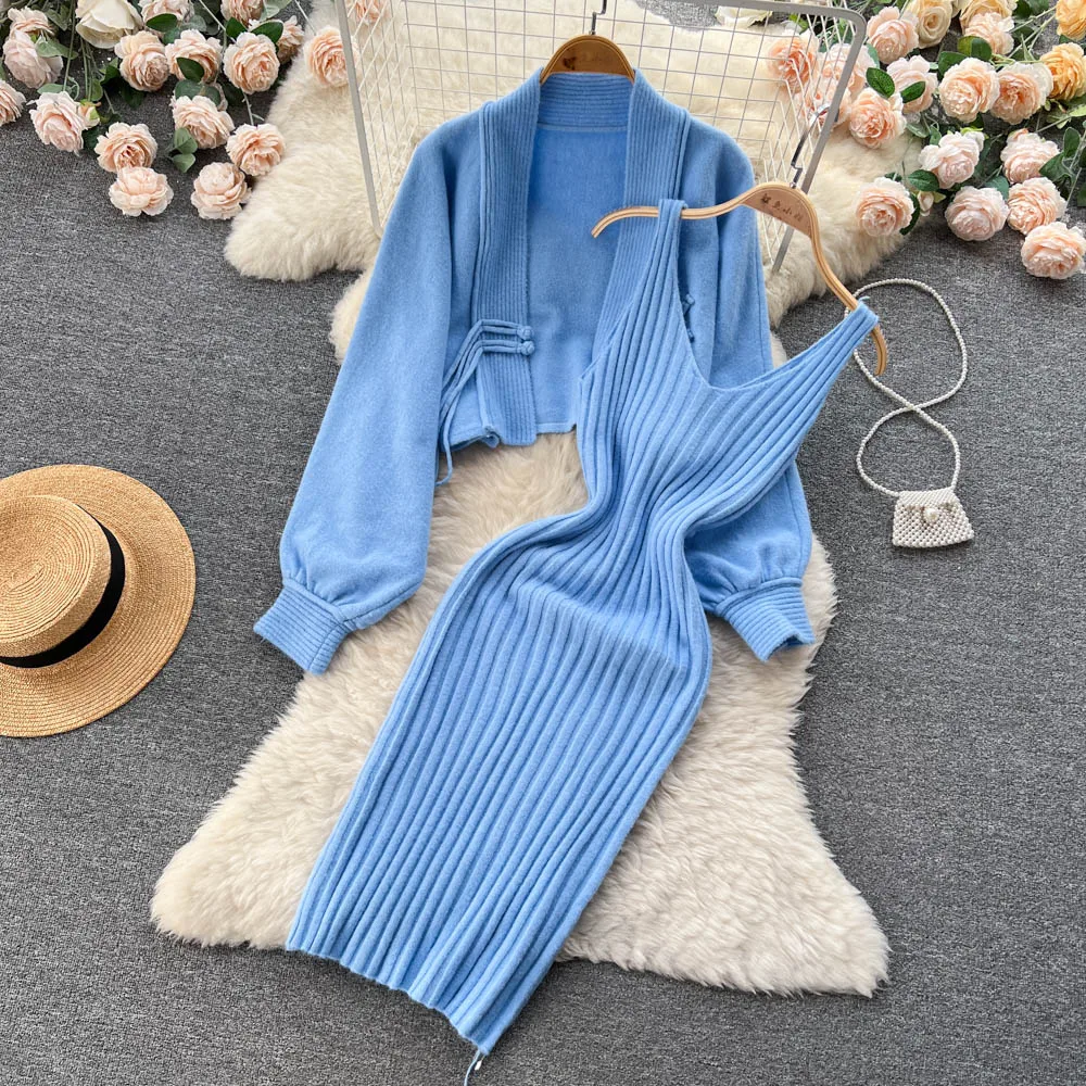 Autumn and Winter Knitting Suit Women's Short Sweater Shawl Coat+suspender  Dress Two-piece Set Autumn/winter Knitting Suit - Women's Short Sweater Set