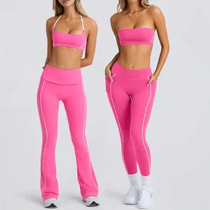BNICE Sexy Women Tube Top Workout Legging Set Fitness Outfit Yoga Flare Leggings Sports Bra Activewear Custom Gym Tights Logo