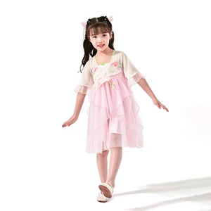 Rose Embroidery Layered Tulle Dress Girls Traditional Princess Costume for Stage Performance and Cultural Celebrations