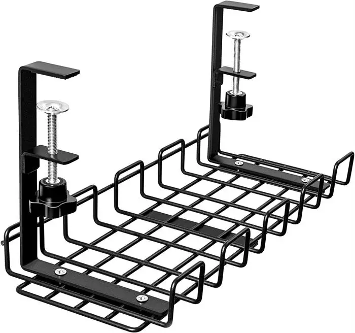 Black Metal Wire 2 Pack No Drill Desk Cable Organizer, Metal Cable Management Tray, Wire Cable Organizer Basket