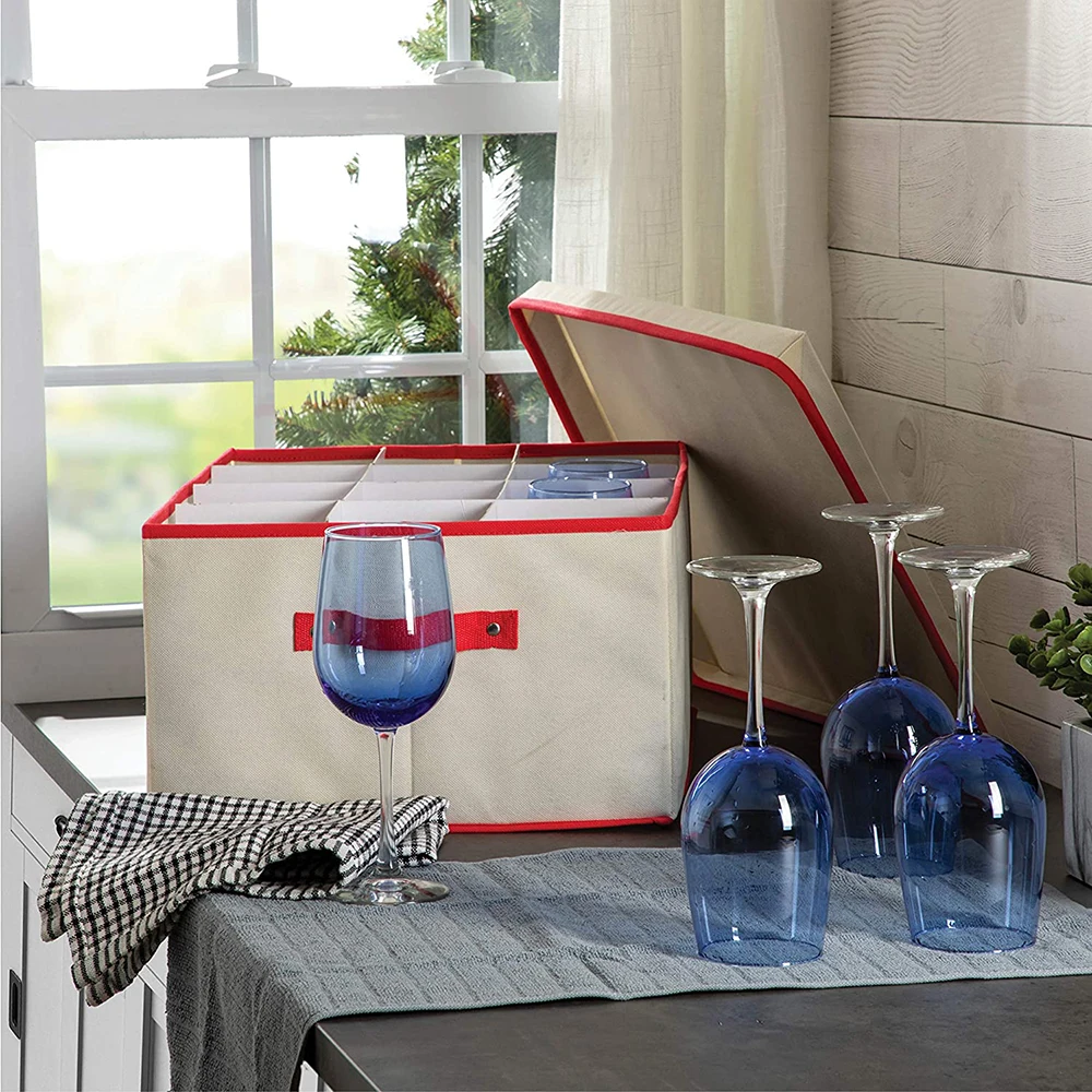 boîte de rangement, verres à pied coffre de stockage en verre de vin,  contient 12 verres à vin rouge ou blanc avec le dessus dur et les côtés