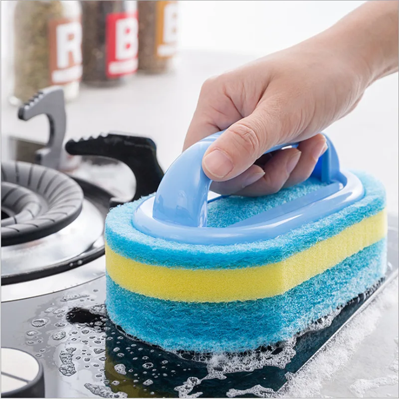 With handle brush Cleaning brush sponge Kitchen cleaning pot cleaning dish washing brush sponge thick manufacture