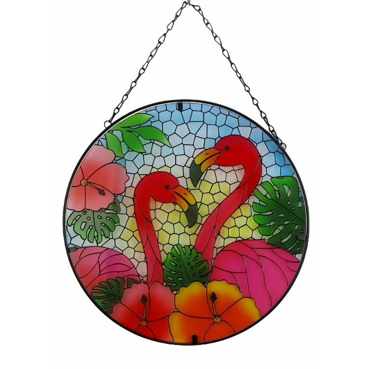 10" Flamingo Stained Glass Window Hanging Window Wall  Hangings Suncatcher Panel with Metal Chain