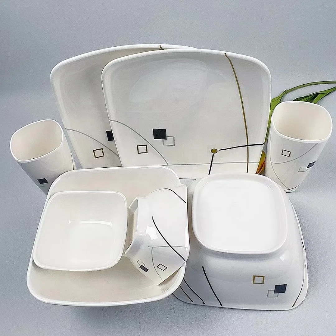 Unbreakable  Customized Melamine square Shape Dining Dinnerware Set Melamine  square Plates Sets Dinnerware square Dish Set