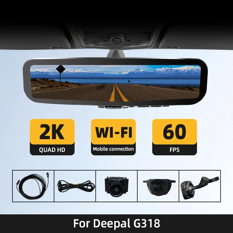 WEMAER 9.2Inch 2K+1080P Full Touch Screen LVDS WiFi Dashcam with 2 Cameras GPS Carplay Streaming Rearview Mirror for Deepal G318