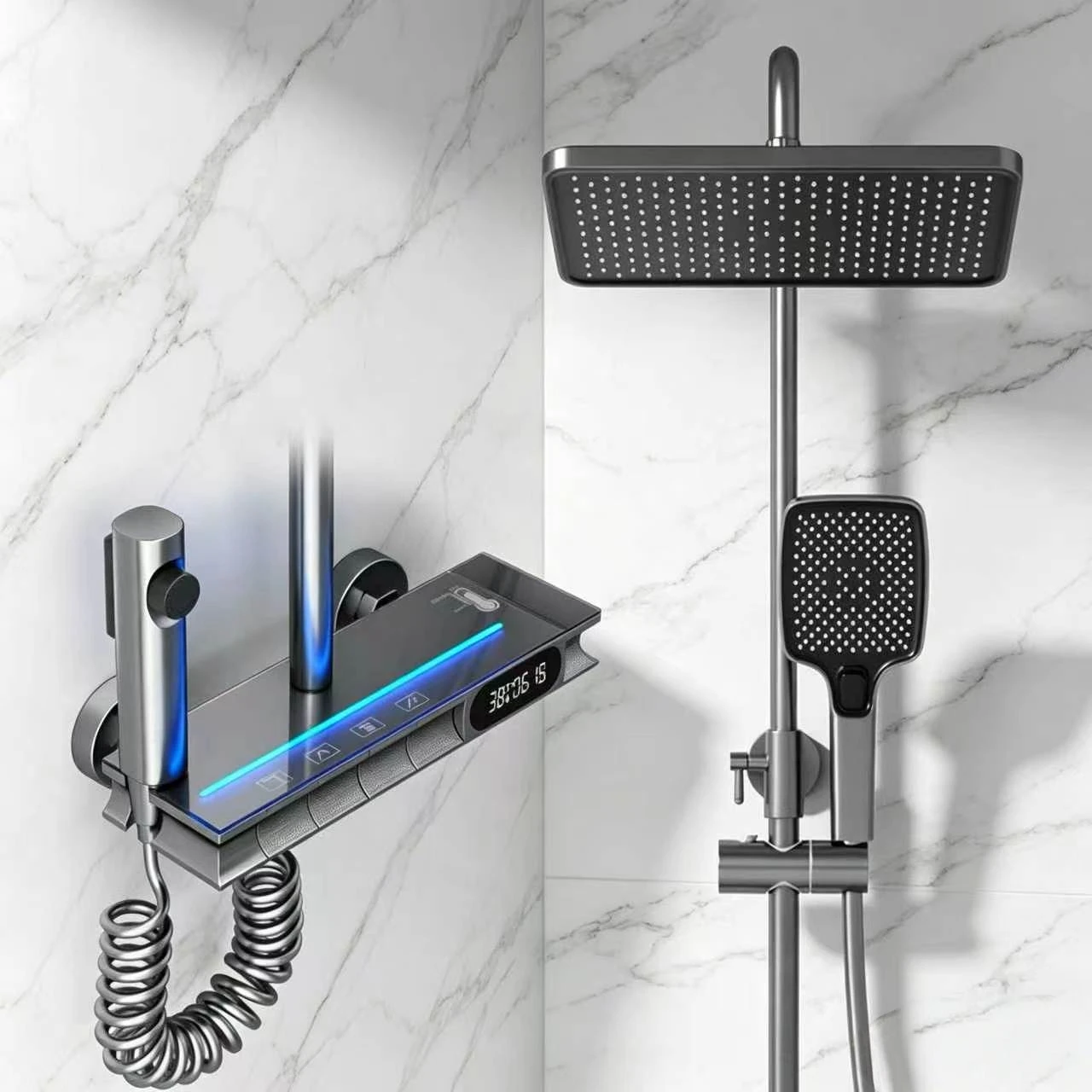 Contemporary aluminum shower system installed in modern bathroom setting