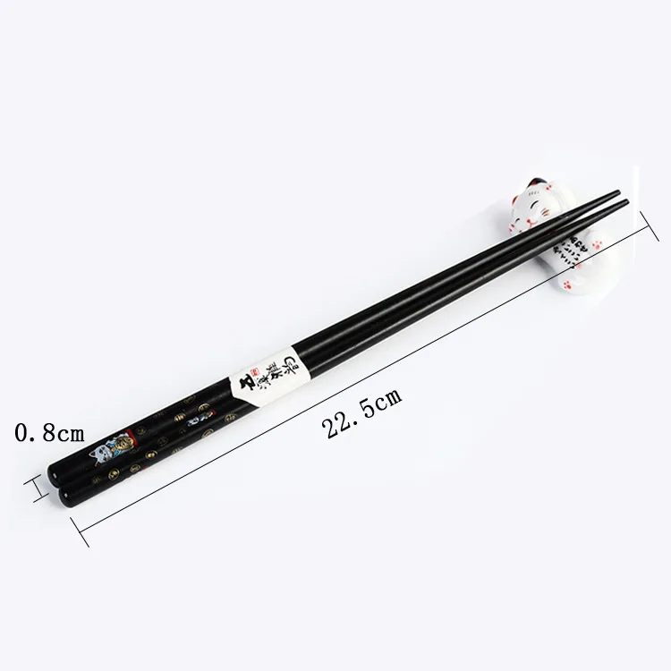 Japanese Style Classic Lucky Cat Chopstick Holder Sushi Chopstick Set Wooden Chopsticks and Ceramic Holder Gift Set