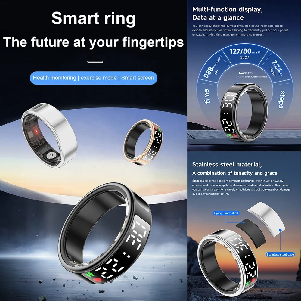 Anelli Intelligenti per Uomo e Donna, Fitness Tracker Impermeabile Anello di Monitoraggio della Salute per Ossigeno nel Sangue, Pressione, Contapassi, (21,5 mm/0,85 Pollici