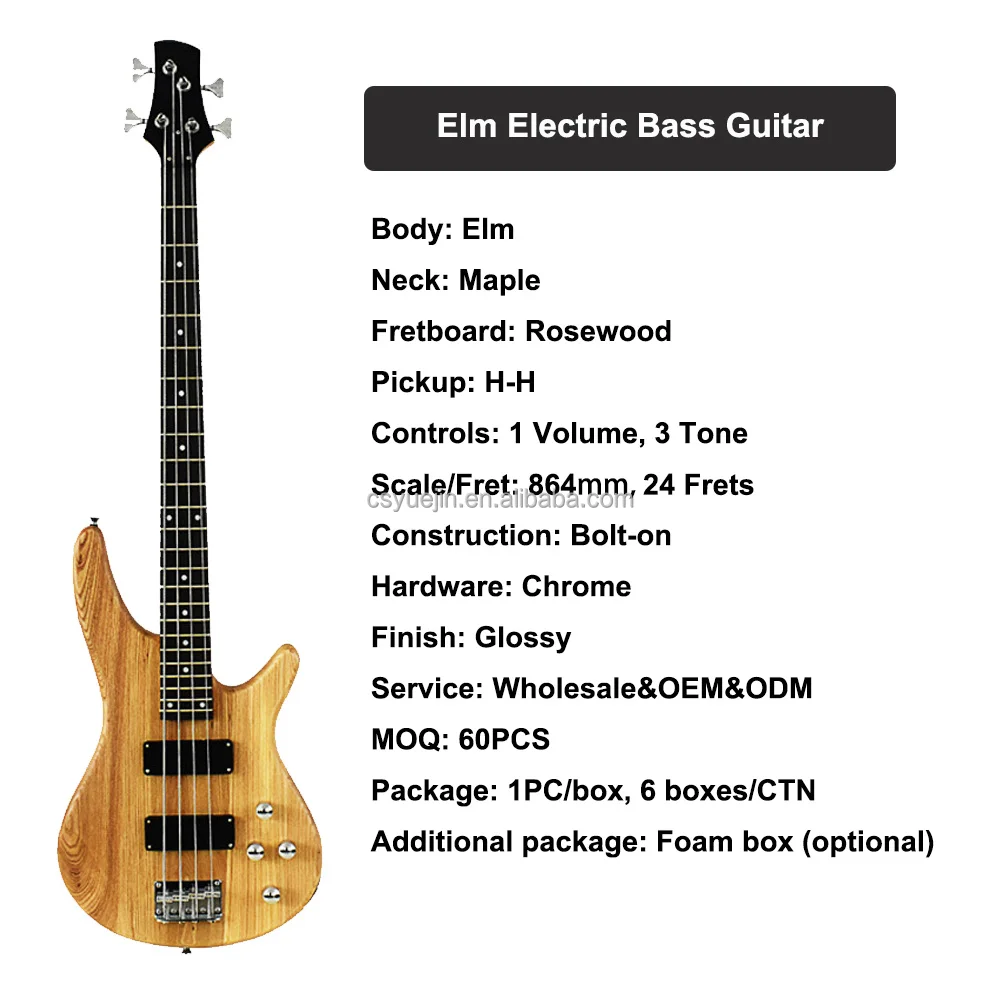 Right Handed Custom Logo Elm Bass Guitar 24 Frets Maple Neck Rosewood 4